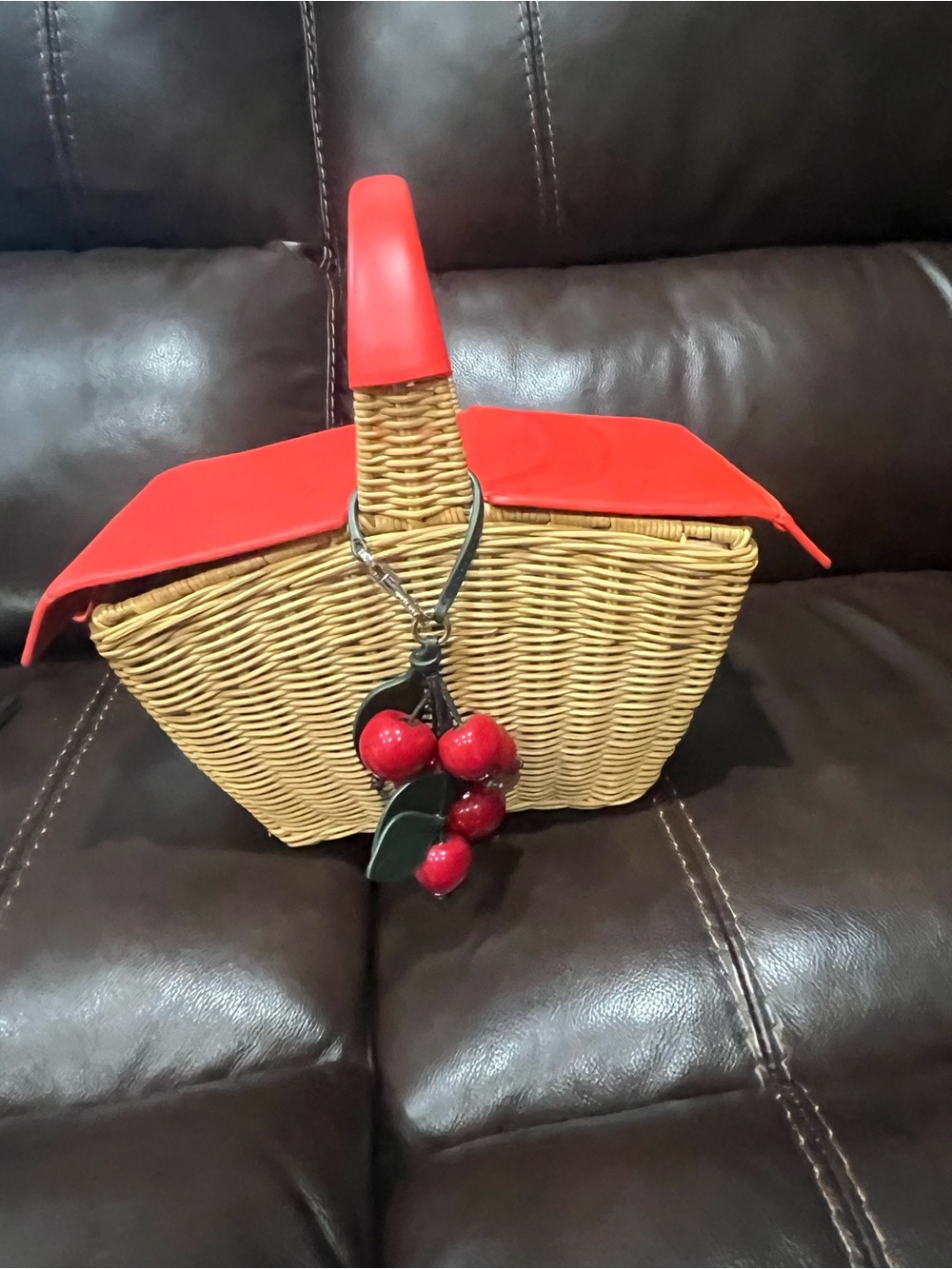 kate spade Woven Straw Tote with Red Trim and Cherry Charm